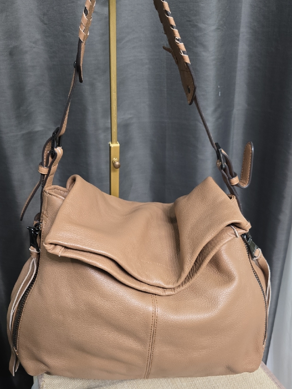Aimee Kestenberg Taupe Pebbled Leather Fold-Top Shoulder Bag